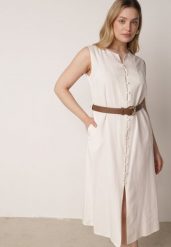 Beżowa Sukienka z Bawełną i Wiskozą Ozdobiona Paskiem Luven. Brązowe sukienki Born2be, na co dzień, l, bez wzorów, z bawełny, eleganckie, bez kołnierzyka, bez ramiączek, midi, proste. Za 139.99 zł.