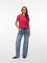 Vero Moda Koszulka "Paula" w kolorze różowym rozmiar: M. Różowe bluzki Vero Moda, m, bez wzorów, z bawełny, bez kołnierzyka, bez ramiączek. Za 43.99 zł.