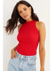 Cool & Sexy Top w kolorze czerwonym rozmiar: M. Czerwone topy Cool & Sexy, m, bez wzorów, prążkowane, bez kołnierzyka, bez ramiączek. Za 56.99 zł.