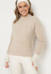 Ciemnobeżowy Sweter z Półgolfem i Dłuższym Włosiem Evassem. Brązowe swetry Born2be, bez wzorów, z dzianiny, bez ramiączek. Za 44.99 zł.