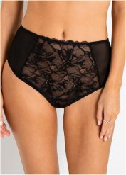 Koronkowe stringi z wysokim stanem. Czarne stringi bonprix, bez wzorów, z koronki. Za 42.99 zł.