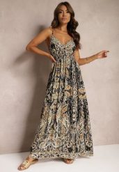 Czarno-Beżowa Rozkloszowana Sukienka z Wiskozy na Regulowanych Ramiączkach w Stylu Boho Yalfea. Czarne sukienki Renee, na spacer, na lato, l, bez wzorów, z wiskozy, boho, bez kołnierzyka, bez ramiączek, maxi, rozkloszowane. Za 89.99 zł.