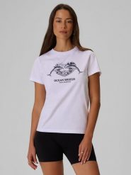 4F T-shirt regular z nadrukiem damski - biały XS. Białe koszulki sportowe 4f, bez wzorów, z bawełny, bez ramiączek. Za 59.99 zł.