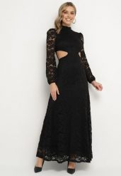 Czarna Rozkloszowana Sukienka Koktajlowa Ozdobiona Koronką z Odkrytymi Plecami Feliyana. Czarne sukienki Born2be, na imprezę, m, z aplikacjami, z koronki, eleganckie, bez kołnierzyka, bez ramiączek, maxi, rozkloszowane. Za 119.99 zł.