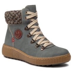 Botki Rieker. Niebieskie botki Rieker, bez wzorów, bez obcasa, na płaskiej podeszwie, bez zapięcia. Za 349.99 zł.