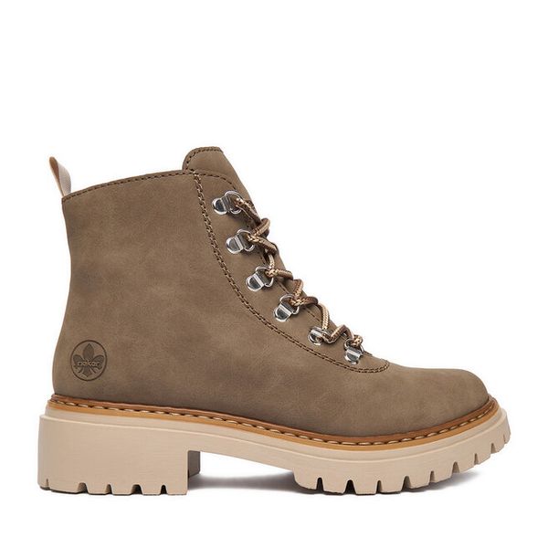 Trzewiki Rieker. Brązowe botki Rieker, bez wzorów, bez obcasa, na płaskiej podeszwie, bez zapięcia. Za 309.99 zł.