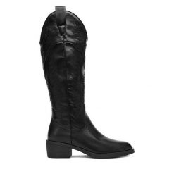 Kowbojki JENNY. Czarne kozaki Jenny, bez obcasa, na słupku, bez zapięcia. Za 249.99 zł.