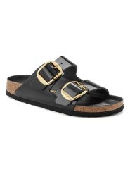 Birkenstock Skórzane klapki "Arizona" w kolorze czarnym rozmiar: 37. Czarne klapki Birkenstock, bez wzorów, z lakierowanej skóry, z otwartym noskiem, bez obcasa. Za 550.36 zł.