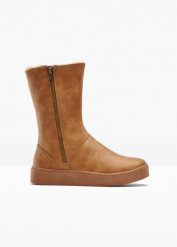 Kozaki zimowe. Brązowe kozaki bonprix, na zimę, ze skóry, bez obcasa, bez zapięcia. Za 189.99 zł.