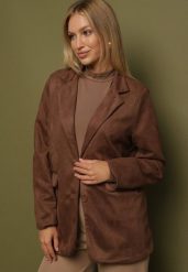 Brązowa Marynarka Oversize z Imitacji Zamszu o Pudełkowym Kroju Alonella. Brązowe marynarki i żakiety Born2be, m, bez wzorów, z jeansu, biznesowe. Za 159.99 zł.