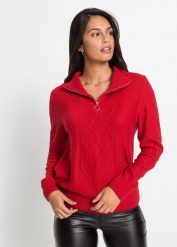 Sweter ze stójką we wzór w warkocze. Czerwone swetry bonprix, bez wzorów, bez ramiączek. Za 99.99 zł.