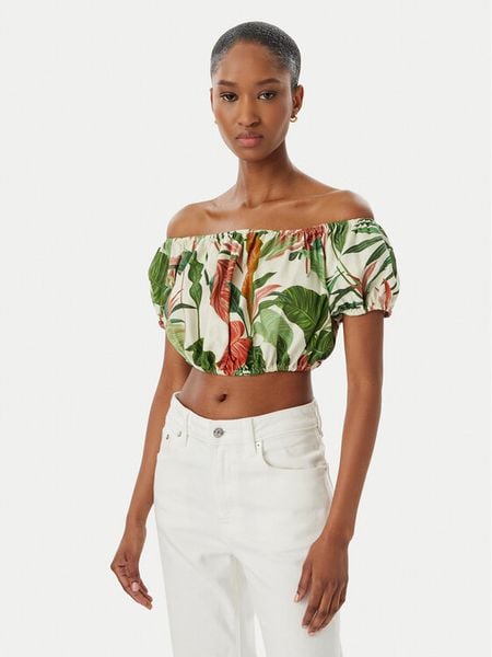 Guess Bluzka W6GHA1 W2447 Zielony Regular Fit. Zielone bluzki Guess, xxl, z aplikacjami, ze lnu, bez kołnierzyka, bez ramiączek. Za 211.99 zł.