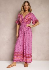 Fioletowy Kopertowy Kombinezon Bawełniany z Cienkimi Gumeczkami w Pasie Zapinany na Szyi Orithiama. Fioletowe sukienki Renee, na imprezę, na lato, l, bez wzorów, z bawełny, eleganckie, bez kołnierzyka, bez ramiączek, mini, dopasowane. Za 49.99 zł.