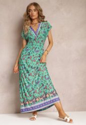 Zielona Rozkloszowana Sukienka Maxi z Printem Paisley z Gumką w Pasie Zoenia. Zielone sukienki Renee, na lato, l, bez wzorów, bez kołnierzyka, bez ramiączek, maxi, rozkloszowane. Za 44.99 zł.
