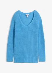 Prążkowany sweter z czystej bawełny. Niebieskie swetry bonprix, bez wzorów, z bawełny, bez ramiączek. Za 117.99 zł.