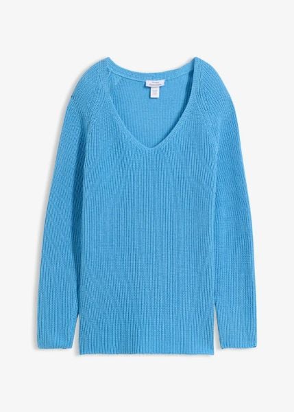 Prążkowany sweter z czystej bawełny. Niebieskie swetry bonprix, bez wzorów, z bawełny, bez ramiączek. Za 117.99 zł.