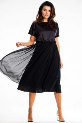 Elegancka sukienka midi z kimonowym rękawem czarna. Czarne sukienki Awama, s, bez wzorów, eleganckie, bez kołnierzyka, bez ramiączek, midi. Za 399.00 zł.