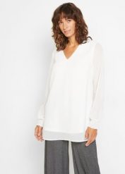 Długa bluzka w stylu tuniki. Białe bluzki bonprix, bez wzorów, eleganckie, bez kołnierzyka, bez ramiączek. Za 99.99 zł.