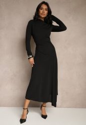 Czarna Asymetryczna Sukienka Koktajlowa z Ozdobnymi Guzikami Dralriti. Czarne sukienki Renee, m, bez wzorów, eleganckie, z asymetrycznym kołnierzem, bez ramiączek, maxi, asymetryczne. Za 129.99 zł.