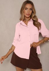 Różowa Koszula Ozdobiona Podwijanymi Rękawami Doviraella. Czerwone koszule Renee, l, bez wzorów, z jeansu, eleganckie, bez kołnierzyka, bez ramiączek. Za 49.99 zł.