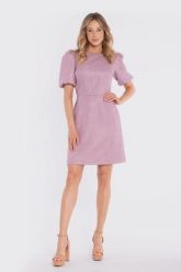 Elegancka sukienka koktajlowa z bufiastymi rękawami różowa. Czerwone sukienki Stylove, l, bez wzorów, z materiału, eleganckie, bez kołnierzyka, bez ramiączek, midi, dopasowane. Za 349.00 zł.