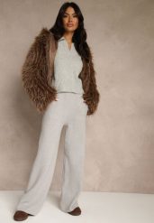 Szare Szerokie Spodnie Dzianinowe Ozdobione Sznurkami Meretusa. Szare spodnie materiałowe Renee, do pracy, l, bez wzorów, z dzianiny, z podwyższonym stanem. Za 99.99 zł.