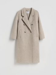 Płaszcz z wełną - kremowy. Białe płaszcze Reserved, l, bez wzorów, z tkaniny, bez kaptura. Za 499.99 zł.