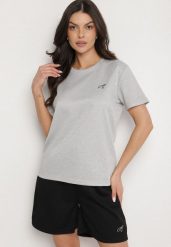 Jasnoszary T-shirt o Klasycznym Kroju z Ozdobnym Haftem Galerrena. Szare t-shirty Born2be, l, bez wzorów, z jeansu, bez kołnierzyka, bez ramiączek. Za 29.99 zł.
