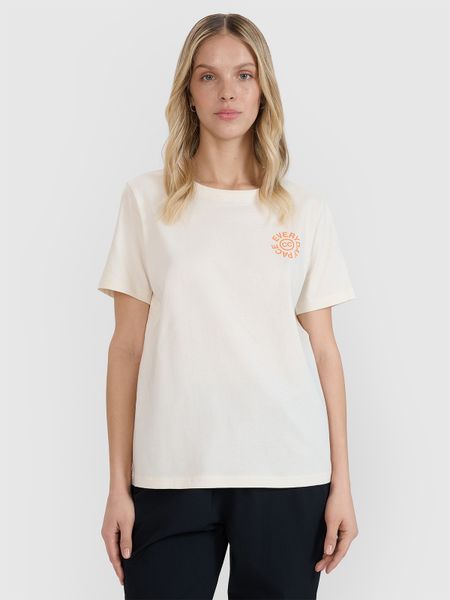4F T-shirt oversize z nadrukiem damski - biały M. Białe t-shirty 4f, m, bez wzorów, z bawełny, bez kołnierzyka, bez ramiączek. W wyprzedaży za 29.99 zł.