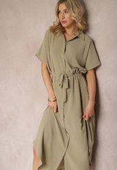 Zielona Koszulowa Sukienka z Wiskozy z Materiałowym Paskiem w Talii Gialara. Zielone sukienki Renee, na co dzień, l, bez wzorów, z materiału, eleganckie, bez kołnierzyka, bez ramiączek, maxi, koszulowe. Za 59.99 zł.