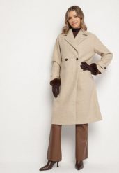 Beżowy Dwurzędowy Płaszcz Oversize z Wełny i Wiskozy w Eleganckim Stylu Tiliavia. Brązowe płaszcze Born2be, m, z aplikacjami, z dzianiny, bez kaptura. Za 269.99 zł.