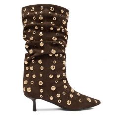 Botki Eva Minge. Brązowe botki Eva Minge, bez wzorów, bez obcasa, na szpilce, bez zapięcia. Za 649.99 zł.