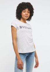 MUSTANG Alina C Logo Tee Damski T-shirt Koszulka Light Grey Melange 1013222 4141. Szare t-shirty Mustang, xs, bez wzorów, bez kołnierzyka, bez ramiączek. Za 69.99 zł.