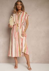 Różowa Wiskozowa Sukienka Koszulowa z Wiązanym Paskiem Iffema. Czerwone sukienki Renee, na co dzień, na lato, l, z aplikacjami, z wiskozy, eleganckie, bez kołnierzyka, bez ramiączek, midi, koszulowe. Za 89.99 zł.
