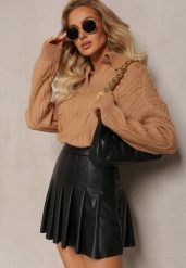 Brązowy Sweter z Dekoltem w Serek i Ozdobnym Splotem Travissa. Brązowe swetry Renee, bez wzorów, ze splotem, bez ramiączek. Za 99.99 zł.