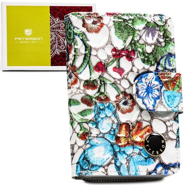 Wielokolorowy, pionowy portfel damski ze skóry naturalnej zamykany zatrzaskiem i suwakiem PTN PH31-LFL Peterson. Portfele Peterson, bez wzorów, ze skóry. Za 85.99 zł.