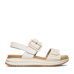 Sandały Remonte. Białe sandały Remonte, bez wzorów, bez obcasa, na płaskiej podeszwie, bez zapięcia. Za 379.99 zł.