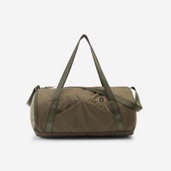 Torba sportowa 20 litrów. Brązowe torby na ramię DECATHLON, bez wzorów, z materiału, eleganckie, na ramię, bez dodatków. Za 59.99 zł.