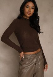 Brązowa Półtransparentna Bluzka Longsleeve ze Stójką z Dodatkiem Wiskozy Tusliana. Brązowe bluzki Renee, l, bez wzorów, z jeansu, bez kołnierzyka, bez ramiączek. Za 89.99 zł.