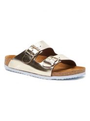 Comfortfusse Skórzane klapki w kolorze złotym rozmiar: 35. Żółte klapki Comfortfüße, bez wzorów, z otwartym noskiem, bez obcasa. Za 260.99 zł.