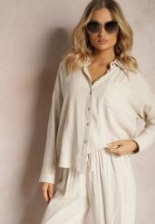 Beżowa Klasyczna Koszula z Wiskozy i Lnu Vistar. Brązowe koszule Renee, l, bez wzorów, z jeansu, eleganckie, bez kołnierzyka, bez ramiączek. Za 99.99 zł.