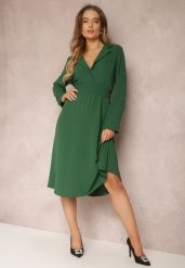 Zielona Koszulowa Sukienka Midi z Gumką w Pasie Natelin. Zielone sukienki Renee, s, bez wzorów, eleganckie, bez kołnierzyka, bez ramiączek, midi, koszulowe. Za 99.99 zł.