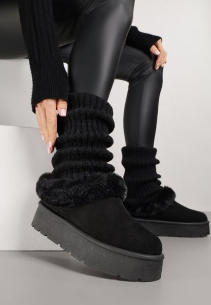 Czarne Krótkie Śniegowce na Platformie Ozdobione Futerkiem Sewlara. Czarne trapery i śniegowce Renee, z jeansu. Za 39.99 zł.