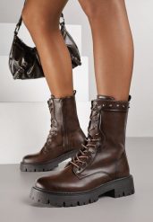 Brązowe Botki Workery z Ćwiekami przy Cholewce Arivie. Brązowe botki Born2be, bez wzorów, z jeansu, bez obcasa, na płaskiej podeszwie, bez zapięcia. Za 159.99 zł.