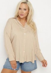 Beżowa Koszula z Wiskozą w Drobne Hafty Navellea. Brązowe koszule Born2be, plus size, bez wzorów, z jeansu, eleganckie, bez kołnierzyka, plus size, bez ramiączek. Za 84.99 zł.
