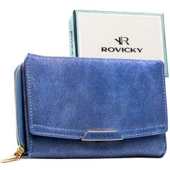Średni portfel damski ze skóry ekologicznej w granatowym kolorze - Rovicky. Niebieskie portfele ROVICKY, bez wzorów, ze skóry ekologicznej. Za 79.99 zł.