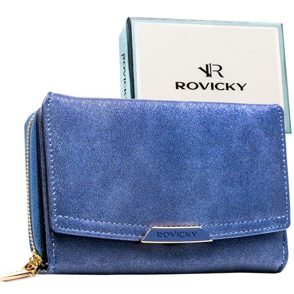 Średni portfel damski ze skóry ekologicznej w granatowym kolorze - Rovicky. Niebieskie portfele ROVICKY, bez wzorów, ze skóry ekologicznej. Za 79.99 zł.