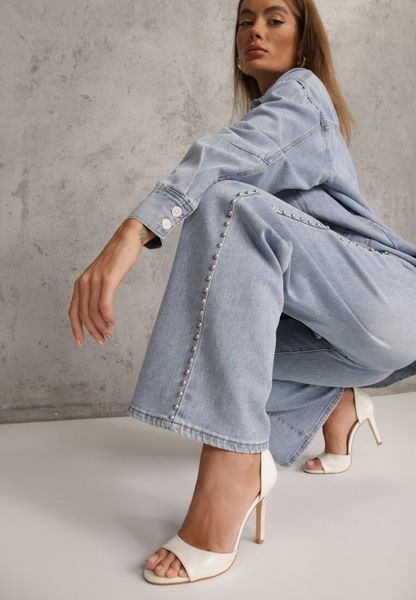 Niebieskie Szerokie Jeansy Ozdobione Nitami High Waist z Bawełną Typhele. Niebieskie jeansy Renee, l, bez wzorów, z podwyższonym stanem. Za 129.99 zł.