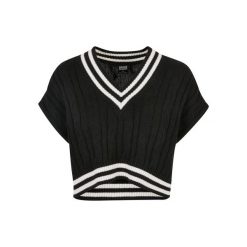 Damski krótki sweter z dzianiny Urban Classics College. Czarne swetry Urban Classics, na zimę, bez wzorów, z dzianiny, bez ramiączek. Za 191.00 zł.