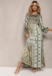 Zielona Sukienka Maxi Boho z Bufiastym Rękawem i Rozkloszowanym Dołem Veltiana. Zielone sukienki Renee, na co dzień, l, bez wzorów, z materiału, boho, bez kołnierzyka, bez ramiączek, maxi, kopertowe. Za 124.99 zł.